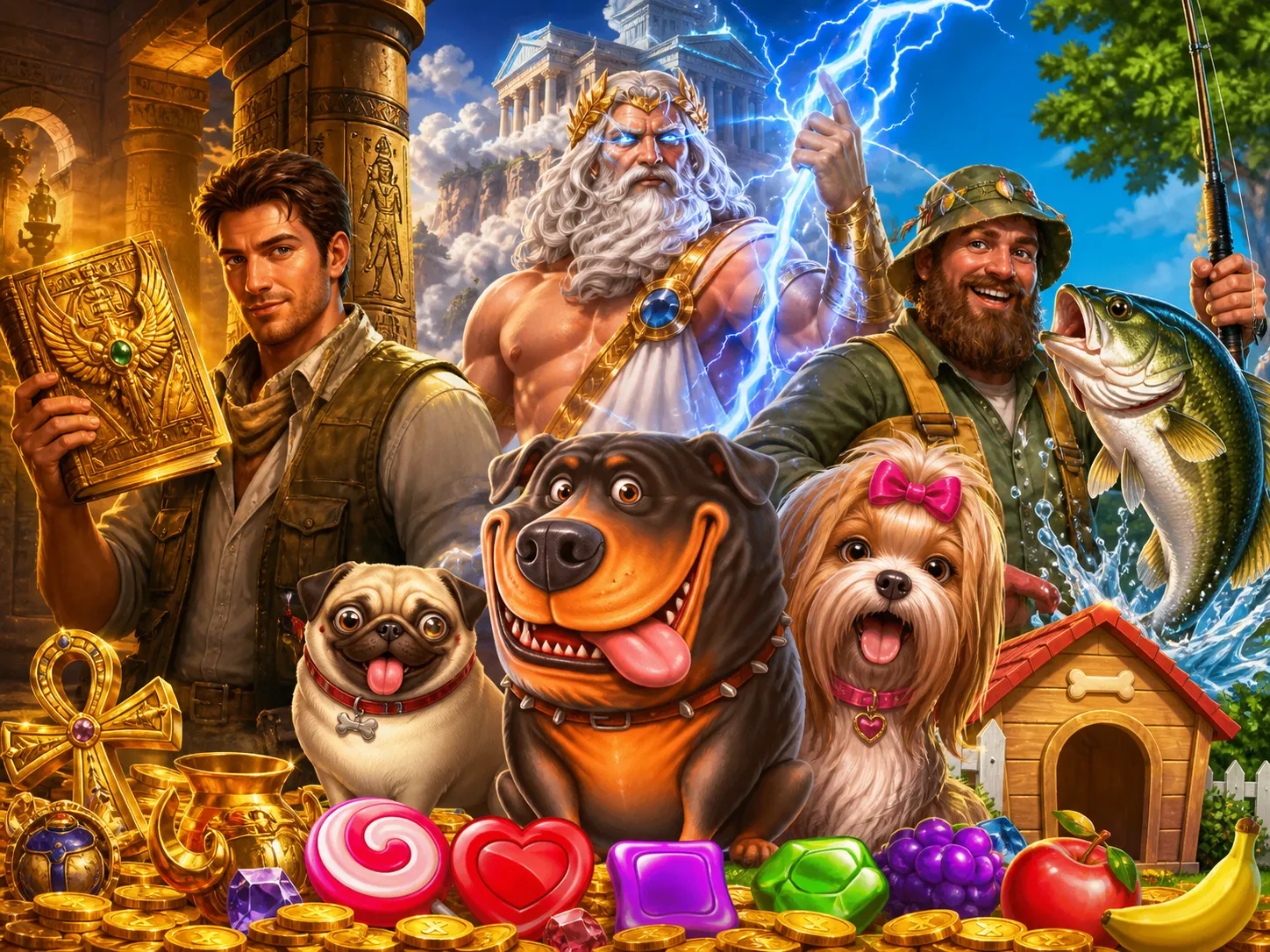 High-quality promotional artwork featuring dynamic slot game characters and vibrant environments inspired by Pinco games.