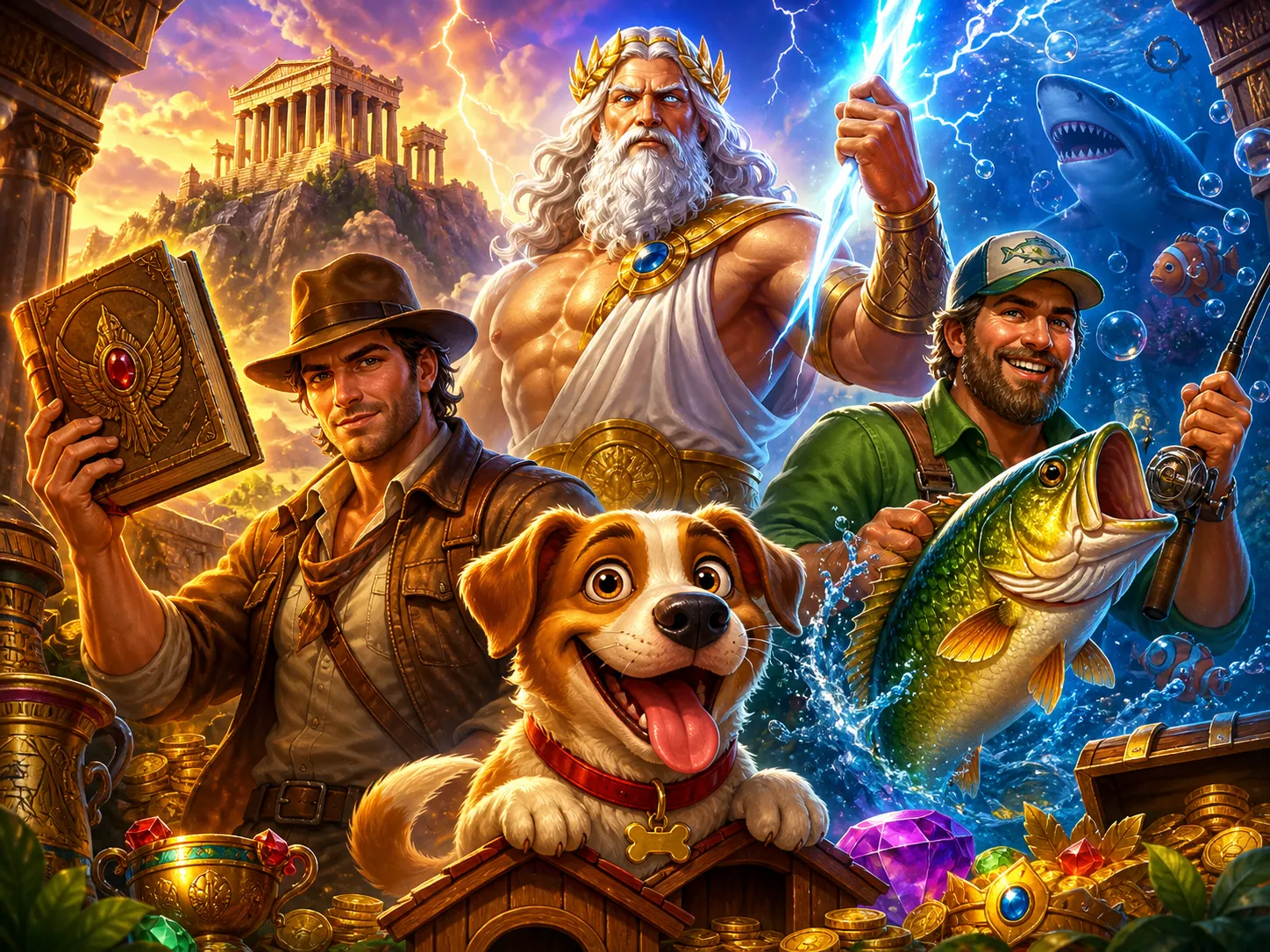 High-quality slot game visuals featuring characters and vibrant fantasy worlds in a cohesive composition for Pinco.